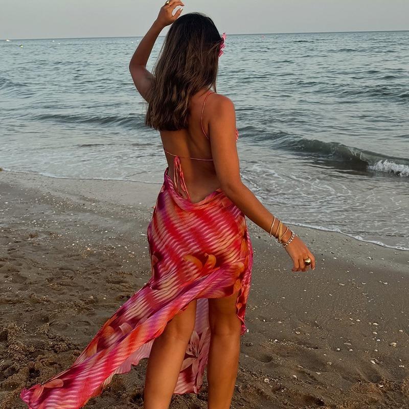 Abito Sexy Halter da Donna Stampa Avvolgente Petto Manica Manica Cinturino con Gli Stati Uniti Spacco Posteriore Vita Media Abito Irregolare