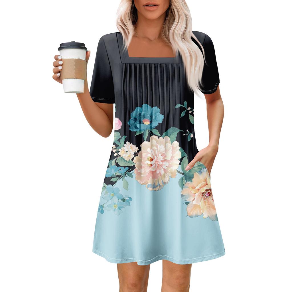 Rochii cu mânecă scurtă, cu mânecă scurtă, cu buzunare, cu gât pătrat, ocazional de vară