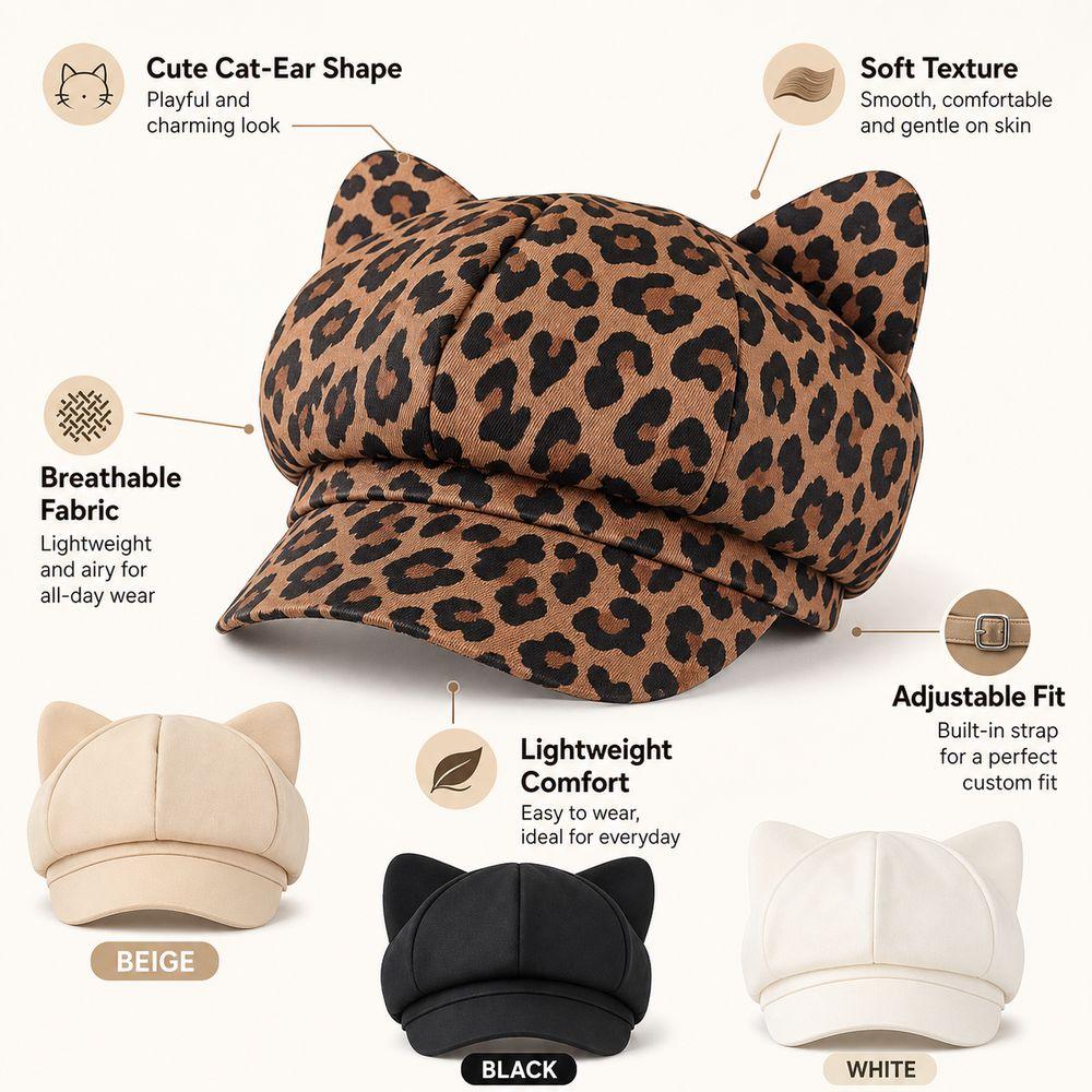 Leopard Print Cat Ear Hat Anti-UV Newsboy Hats Fashion Painter Hat For Women