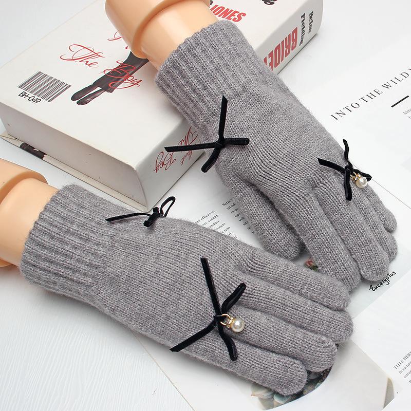 Bow Gloves Women's Winter Versatile Touch Screen Student Outdoor Cycling Warm Five-finger Knitted Wool Hand Socks