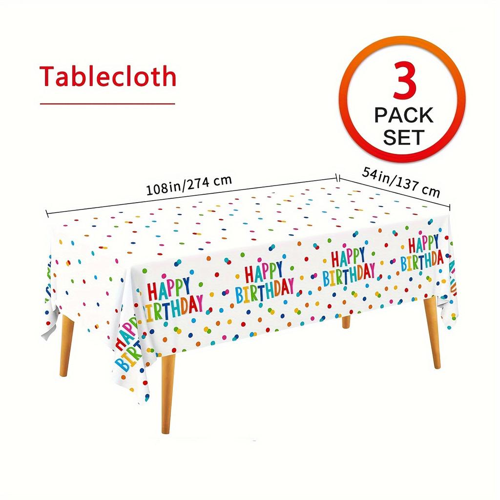 3PCS 54x108in Waterproof Plastic Tablecloth - Happy Birthday Decorations Set | Polka Dot Design Birthday Party Supplies with "Happy Birthday" Print