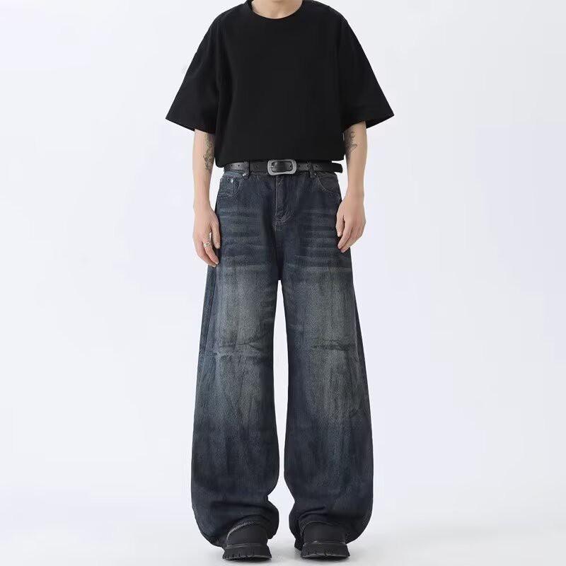 Unisex Vintage Washed Relaxed Straight Leg Denim Pants Low Waist Wide Tapered Fit Casual Jeans