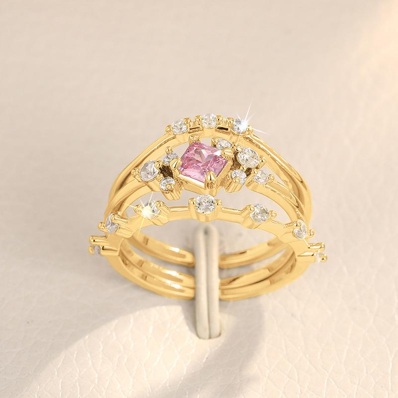 Princess Ring Three-piece Set, Pink Zircon Sweet Ring Girl, Niche Daily Model.