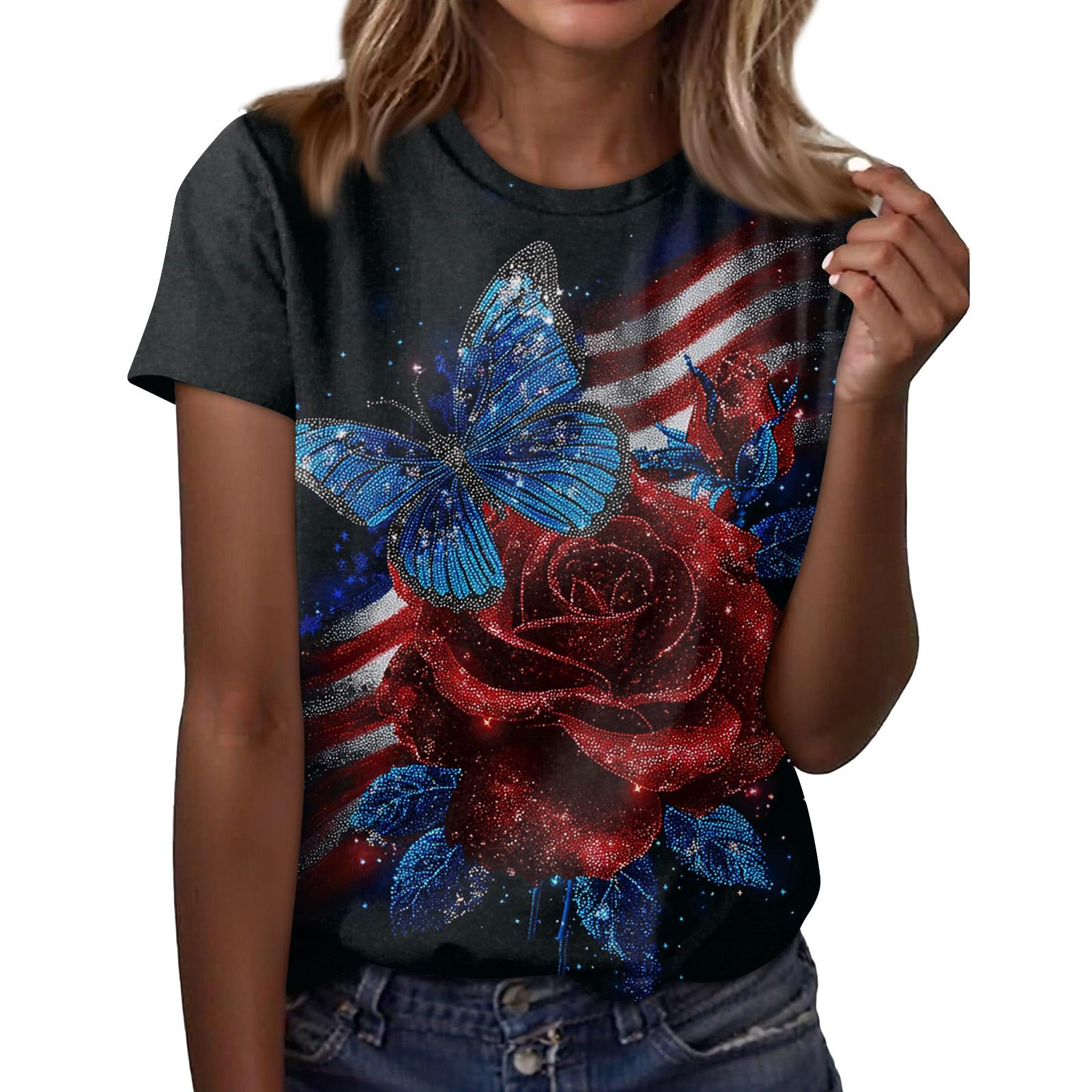 

Womens Spring Tops Short Sleeve Summer Shirts for Women Butterfly Rose Print Womens Summer T Shirts Casual Style XL винний