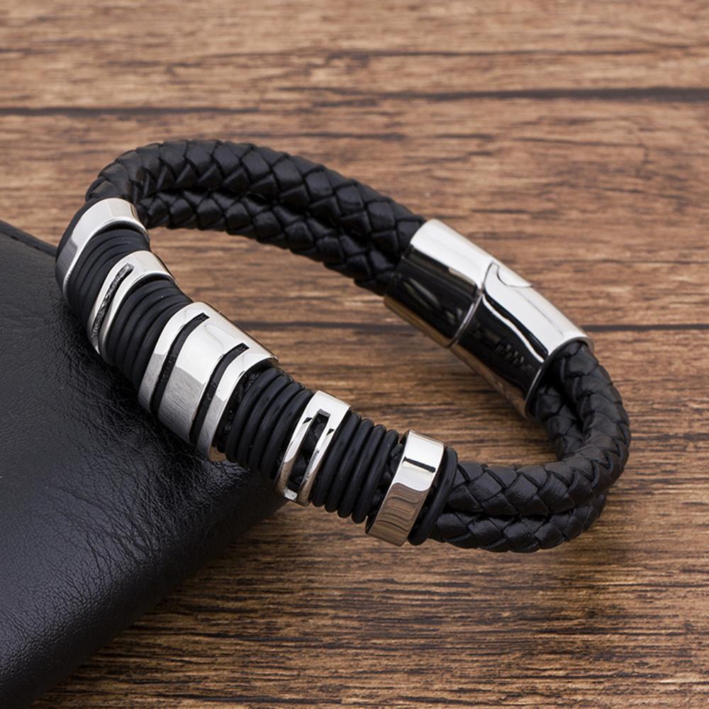 

TYO Magnetic Stainless Steel Leather Bracelet for Men Punk Custom Rope Knitted Jewelry Accessories 21.5cm