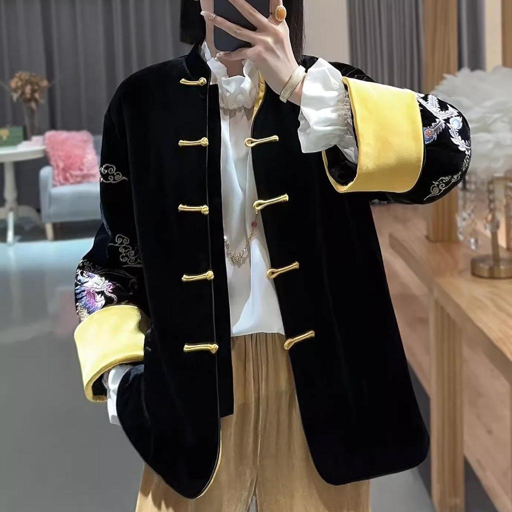 Women's Retro Dragon & Phoenix Embroidered Velvet Jacket - Warm, Quilted, Cotton-Padded for Autumn/Winter