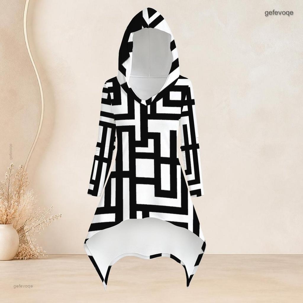 Women Plus Size Two Piece Set Hooded Long Sleeve Abstract Printed High Low Top And Fitted Pants