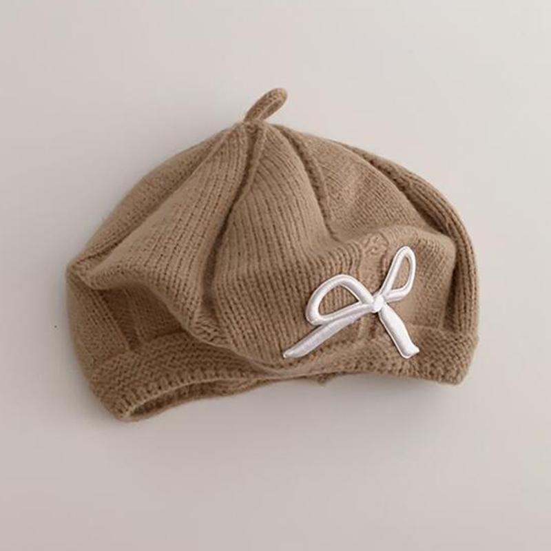 Girls Beret Embroidered Bow Baby Wool Knitted Hat Cute Children Winter Warm Baby Cap A5