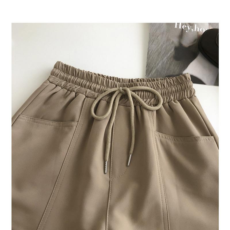 Drawstring with High Waist Elastic Double Pocket Casual Shorts Women's Summer New Thin Wear Wide Leg Running Hot Pants
