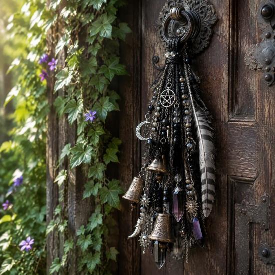 Regalo da Strega per Compleanno, Campanello da Porta da Strega Decorazione,acchiappasole Boho, Carillon a Vento Retrò, Carillon Stella Pentagramma Luna Decorazione per la Casa Ornamento da Appendere