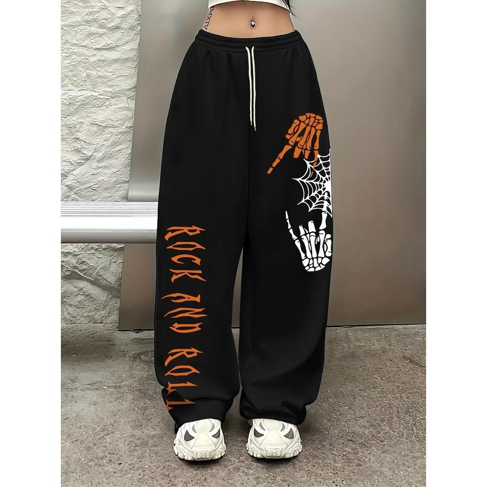 Rock And Roll Letter Printing Pants Casual Jogger Women's Drawstring Long Pant For