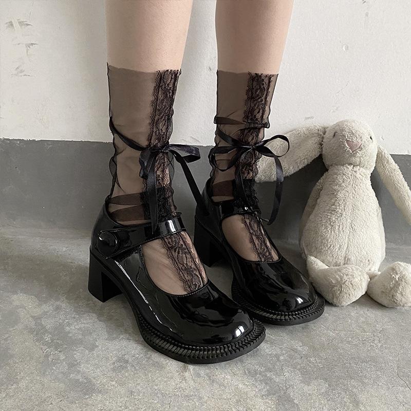 Women's Summer Thin Tie Bow Lace Glass Mesh Medium Tube Stack Socks