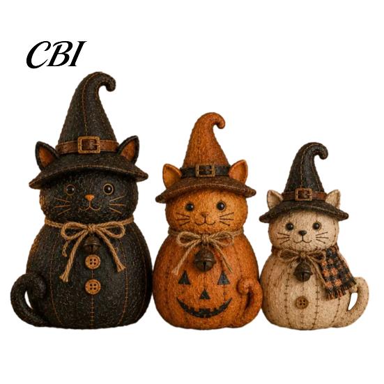 Seasonal Home Soft Furnishings 3Pcs Halloween Witch Cat Dog Statues, Resin Rustic Farmhouse Small Harvest Figures Ornaments for Autumn Thanksgiving,