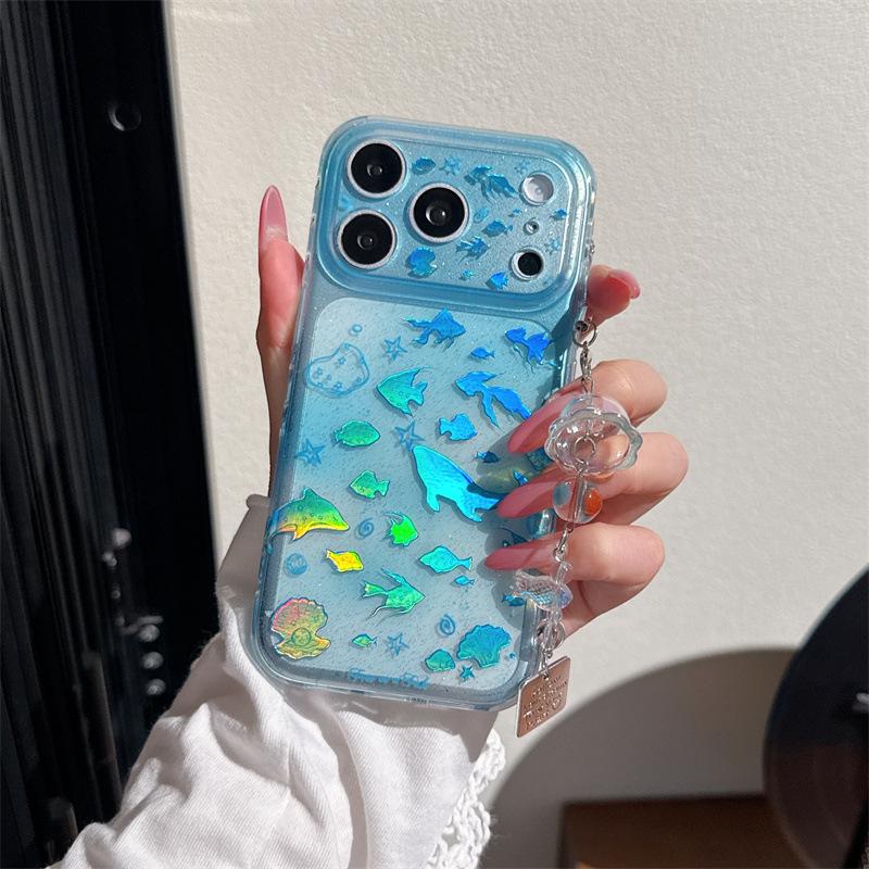 Gradient Blue Laser Fish School Case for iPhone 17/16 Pro Max/15 Pro - High-End Aesthetic