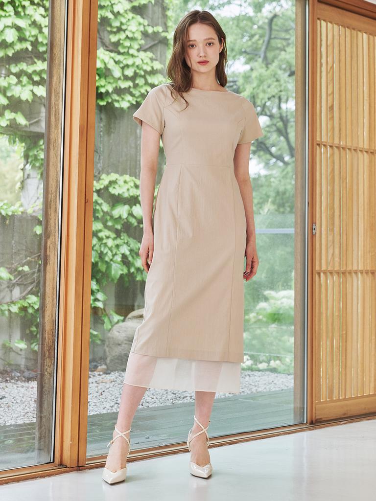 Nub Boat Neck Chiffon Layered Dress - Beige