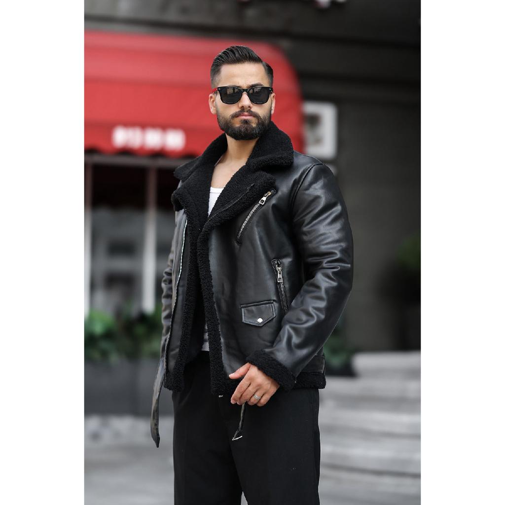 Laminated Leather Double-breasted Coat With Complete Fur Inside