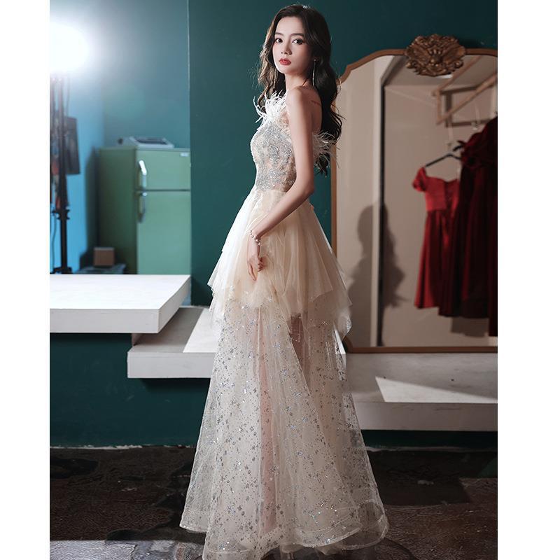Style Evening Dress Female Adult Graduation Banquet Temperament Tube Top One-word Shoulder Art Test Light Luxury Niche Design Sense Fairy