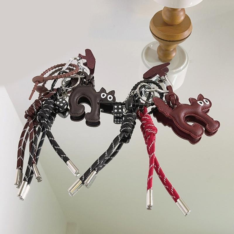 Elegant PU Leather Cat Pendant Keychain Braided Rope Phone Charm for Fashion Accessories Backpack Hanging Ornament