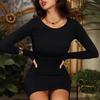European & American Style Slim-Fit Solid Color Knitted Ruched Dress with Long Sleeves for Autumn & Winter