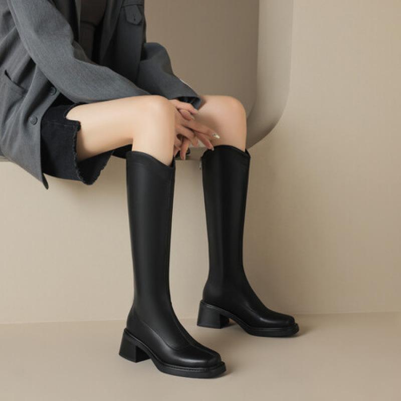 Korean version of solid color leather back zipper Martin boots medium heel large size women's leather boots square heel square heel autumn and winte