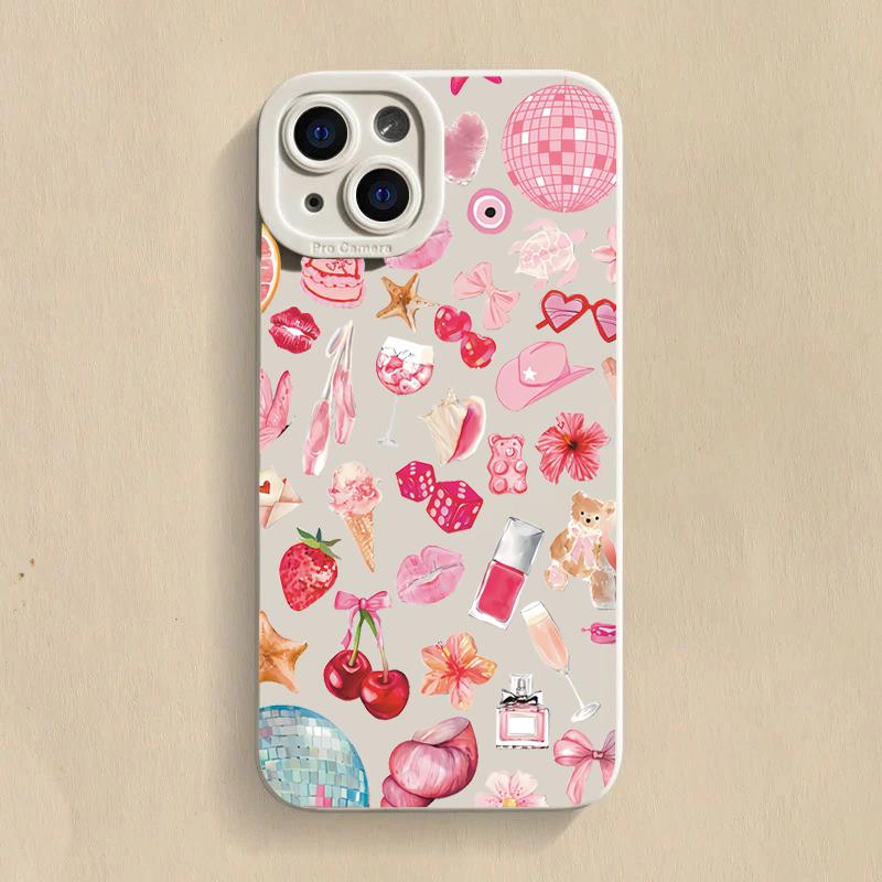 Sparkly Crystal Ball Pink Bow Cherry Pattern Case For  Poco F6 F5 X5 M6 X7 Pro Mi 15 14T 13T Pro 14 13 12 11 Lite NE Cover