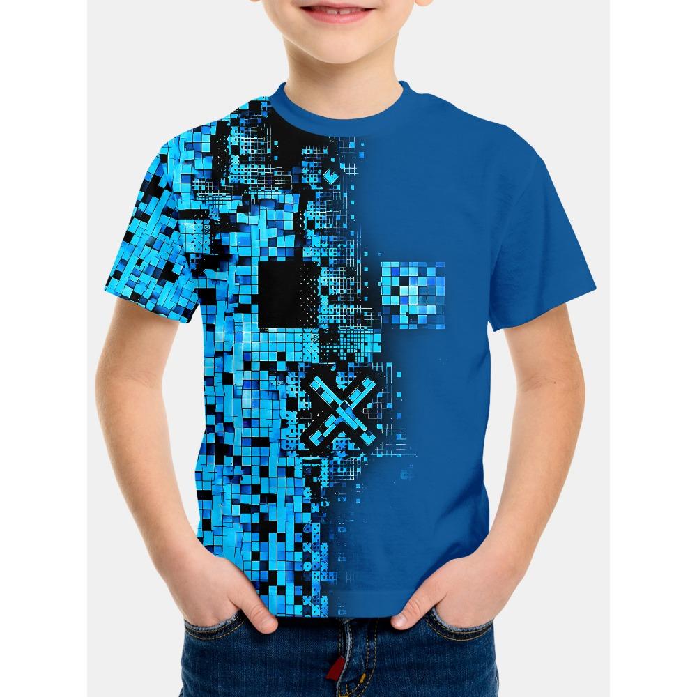 Summer Fashion Boys  3D Digital Printed Blue Grid Phantom T-shirt 150