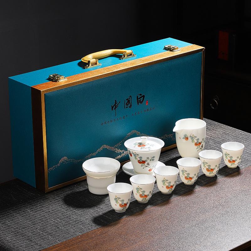 Suet jade kung fu tea set hand-painted cover bowl gold opening event real estate business souvenir