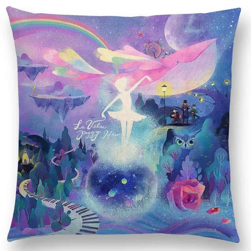 Neuankömmling Niedliche Cartoon-Tiere Kleine Katze Traum Elch Hübsches Mädchen Wald Leuchtender Stern Kissenbezug Sofa Wurfkissenbezug