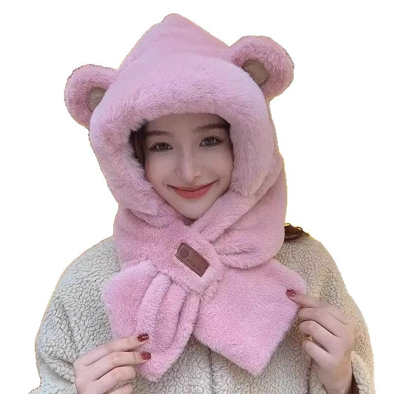 Cute bear plush hat women's autumn and winter new cold-proof and warm hat, scarf integrated thickened ear protection headgear