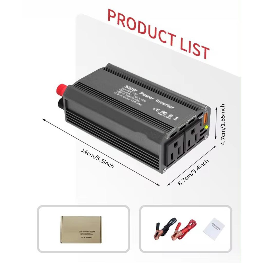 300W Power Inverter 12V DC To 110V AC Automotive Conversion Power Supply QC3.0 with PD65W USB C Charging Port 18W QC