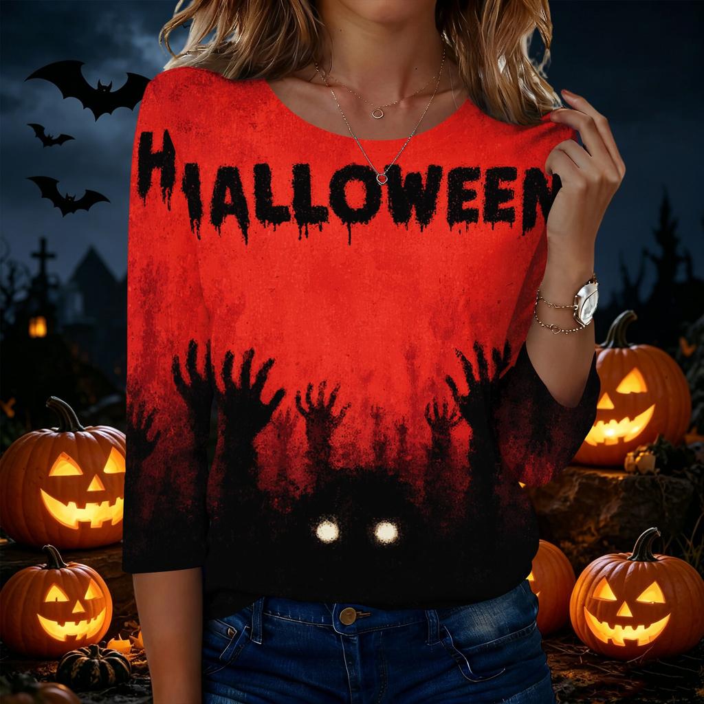Women's Casual Crew Neck Three Quarter Sleeve Halloween Graphic T-Shirt Top Lightweight Comfortable Fit for Everyday Wear