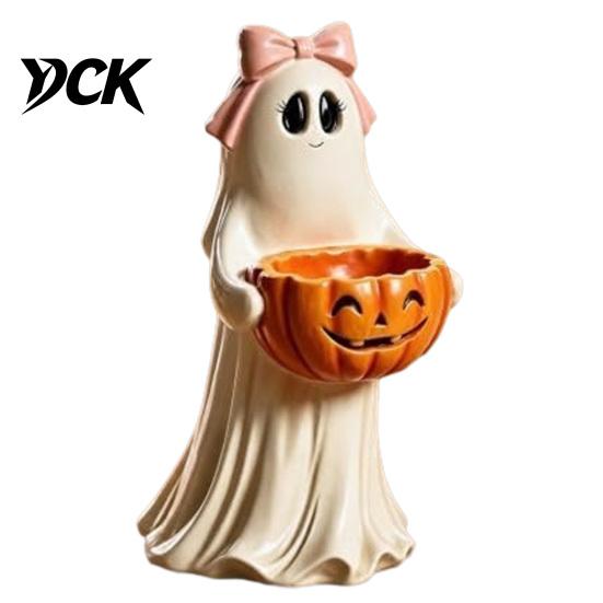 Halloween Table Decorations Resin Ghost Statue with Pumpkin Candy Bowl for Decor, Detailed Tabletop Figures Cute Desktop Organizer Living Room Bedroom