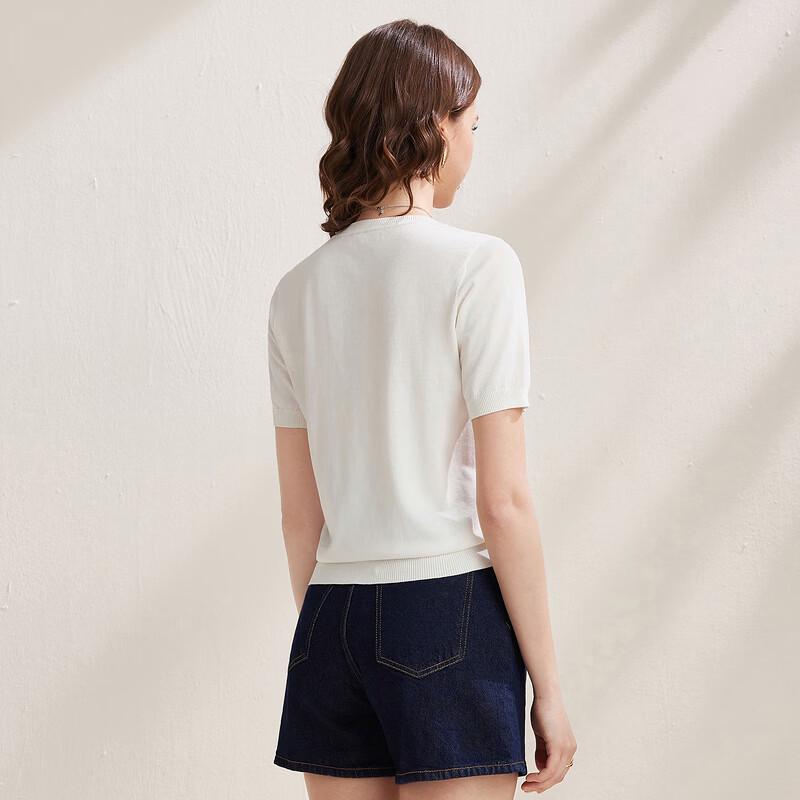 Zhaojun Damen Kurzarm-T-Shirt aus Seidenmischung mit Blattstickerei