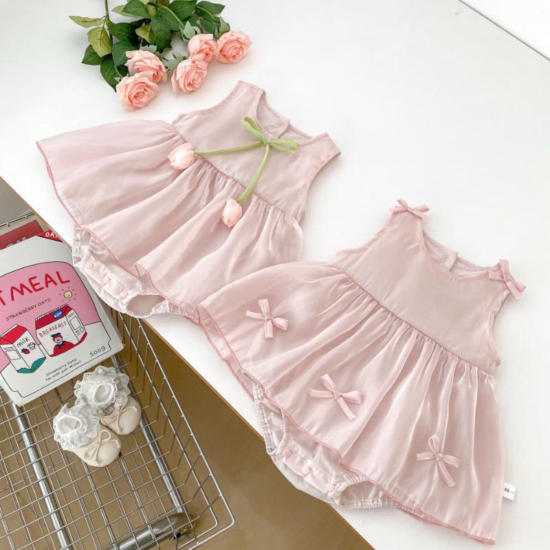 Baby Girls' Summer Sleeveless Floral Bow Bodysuit Dress