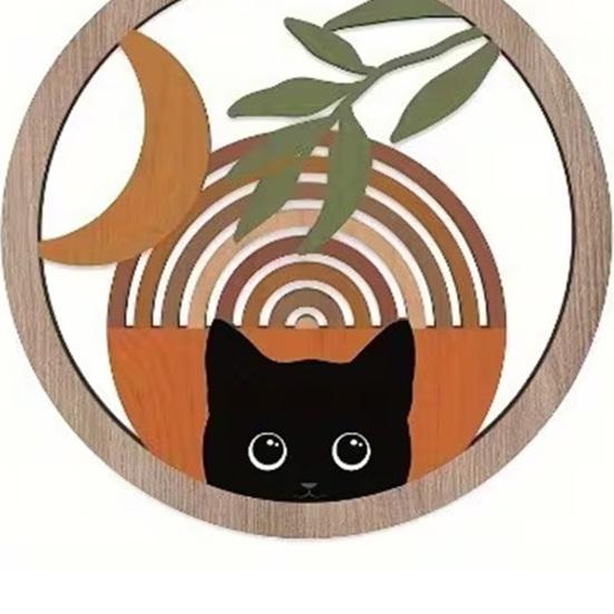 4 Adet Boho Siyah Kedi Duvar Dekoru Çiftlik Evi Geometrik Oyma Asılı Ahşap Duvar Sanatı Komik Kedi Bohem Soyut Yuvarlak Daire İşareti Kreş İçin