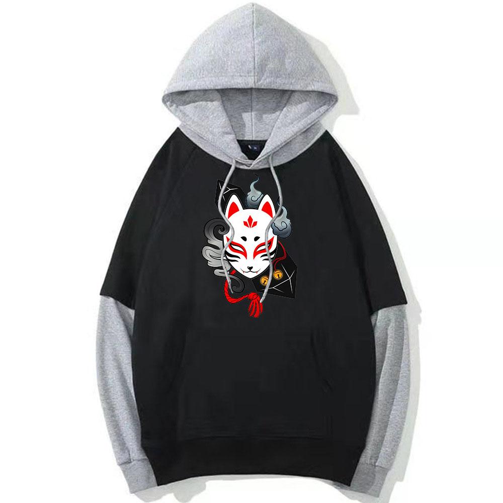 Kitsune Fox Mask Hoodie Herren/Damen Patchwork Sweatshirt Anime Grafik Hoody Japanischer Stil Pullover Manga Druck Kleidung