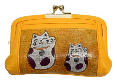 Hasegawa Yodogawa Archaic Cowhide Clasp Made In Yellow Maneki-neko (Lucky Cat) Wallet, Dyed, Dyed, Leather, Purse, Japan,