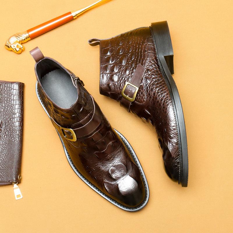 

Ботинки Martin из кожи с рисунком аллигатора, деловые туфли в британском стиле с заостренными молниями и высоким берцем 46 темно-коричневого