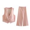 Women Fashion Two Piece Set Pink Tank Tops & Straight Leg Pants Vintage V-Neck Single Breasted Female Chic Pants Suit