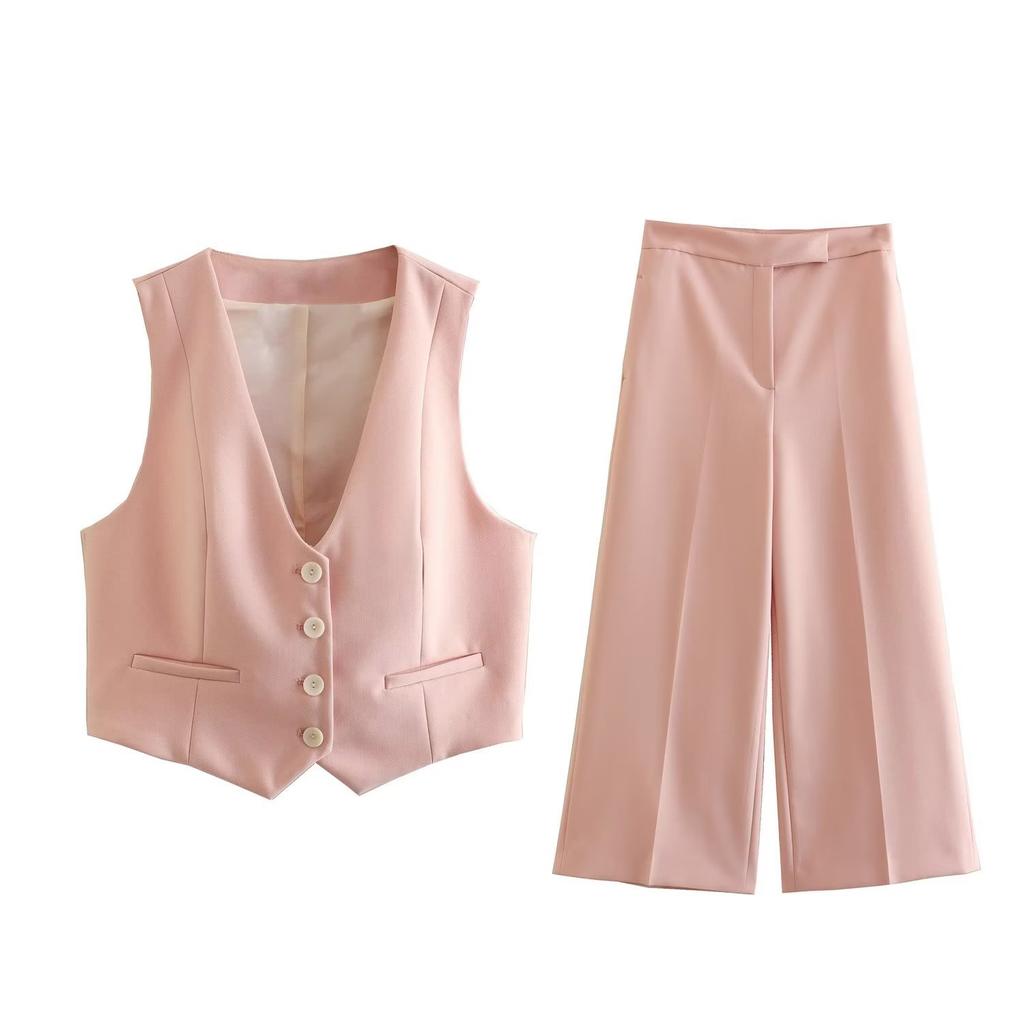 Women Fashion Two Piece Set Pink Tank Tops & Straight Leg Pants Vintage V-Neck Single Breasted Female Chic Pants Suit