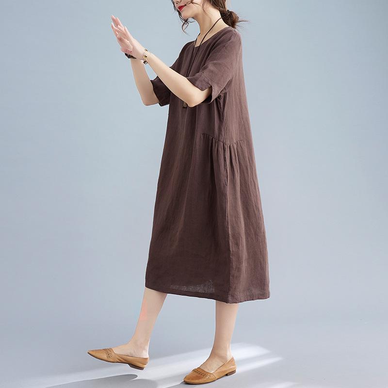 

2026 Summer Women s Cotton & Linen Short-Sleeve Dress - Elegant, Mid-Length Skirt for a Chic Look 2XL кавовий