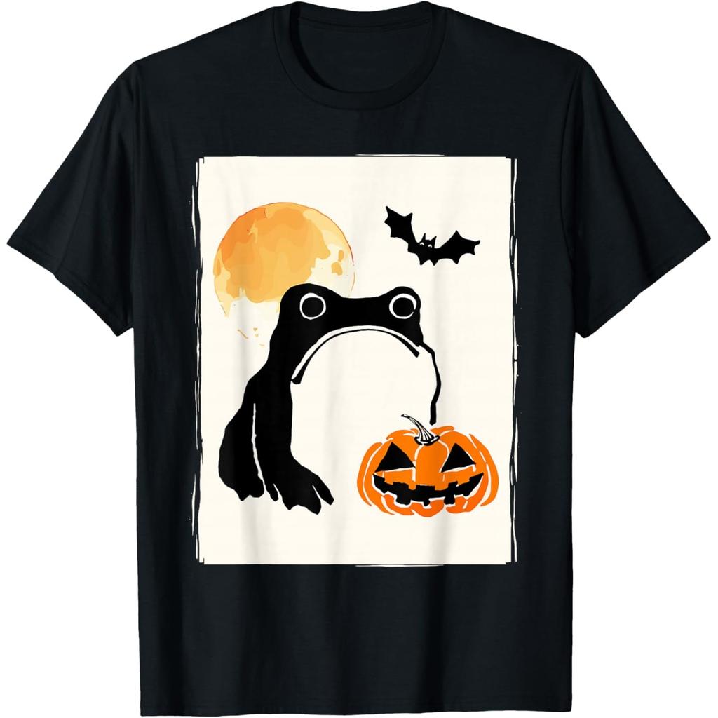Sad Frog Halloween Pumpkin Graphic Tee Funny Japan Art Short Sleeve Casual T-Shirt