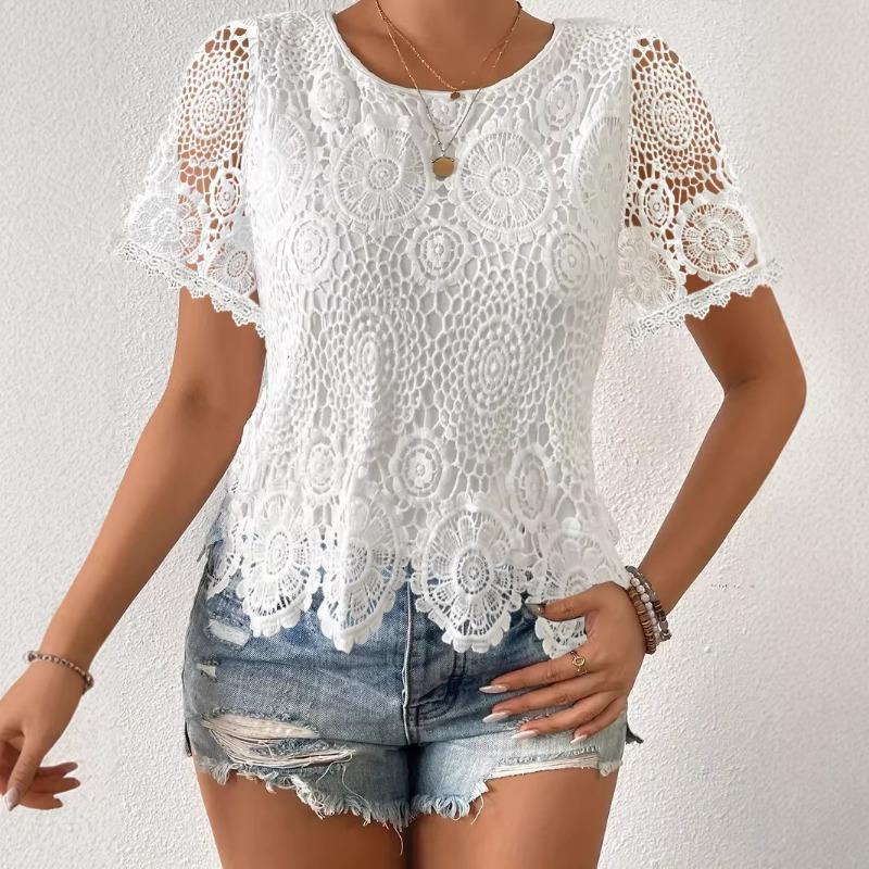T-shirt Casual Elegante alla Moda Nuovi Stili Estivi con Scollo Tondo in Pizzo Aperta Davanti a Maniche Corte
