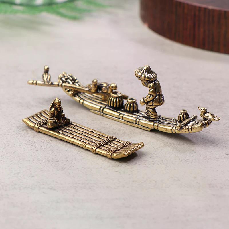 1pc Desktop Incense Holder Sculpture Brass Ornament Antique Bamboo Raft Fishing Boat Fisherman Art Modeling Decoration