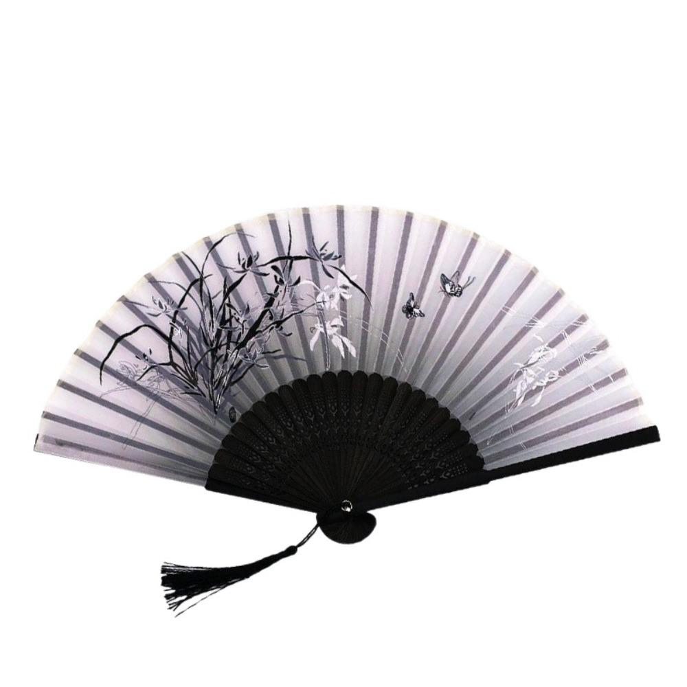 1pc 21cm Chinese Japanese Folding Fan Vintage Cloth Folding Fan Wooden Shank Classical Dance Fan Tassel Female Fan Home Decor