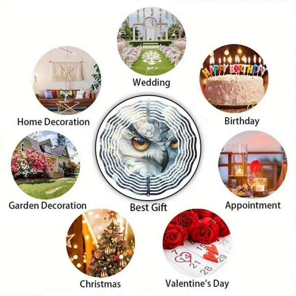 Klassisches Fantasy Eule Metall Windspiel Blau Weiß Kinetische Hängedekoration für Außen Garten Terrasse Weihnachten Thanksgiving Geschenk Kein Strom erforderlich