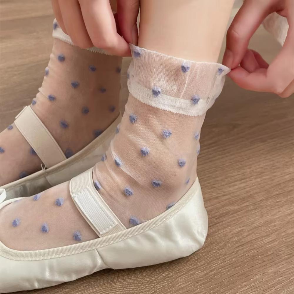 1pair Transparent Heart Print Socks Ultra-thin Mesh Medium Tube Socks Crystal Silk Socks  Women