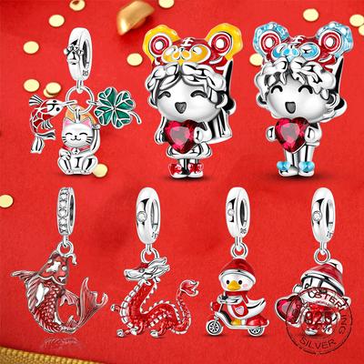 Ciondoli per Capodanno Cinese in Rame, Perline, Gatto Portafortuna, Ciondolo Drago, Adatti per Braccialetti Originali, Gioielli da Donna
