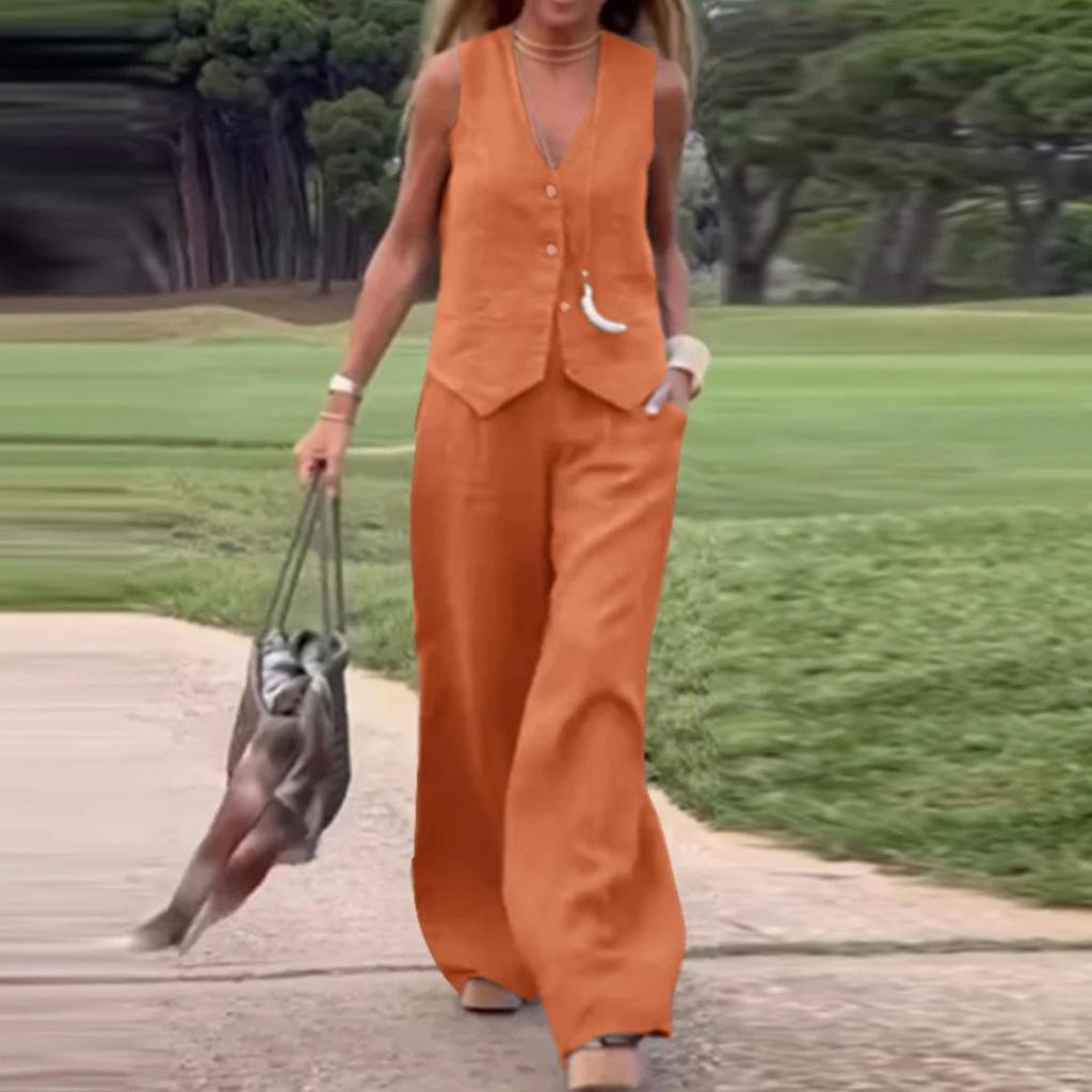2025 Women's Fashion: European & American Solid Color Vest and Long Pants Two-Piece Casual Set