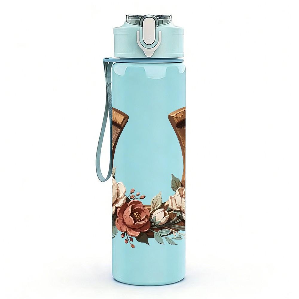 1PC Horseshoe With Floral Wreath 750ml Color Plastic Sports Water Bottle Leakproof Flip Straw Lid Suitable for Sports Office Home Use
